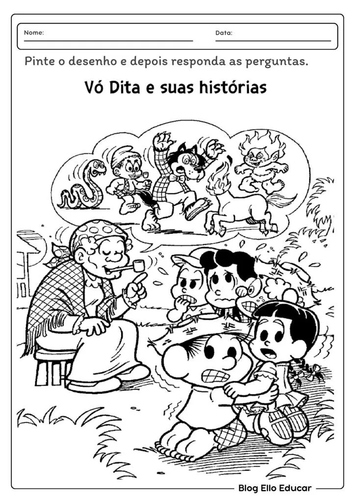 Desenho para colorir com Vó Dita e crianças ouvindo histórias.
