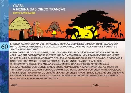 Ilustração de uma menina chamada Ynari com cinco tranças, cercada por animais e uma paisagem africana.