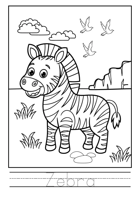 Desenho de uma zebra sorridente em um cenário natural com nuvens e pássaros.