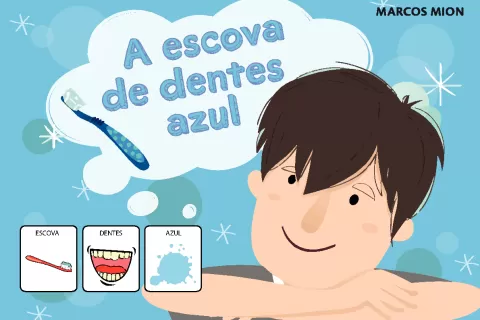 Ilustração de um menino sorrindo com uma escova de dentes azul e ícones relacionados a escova e dentes.