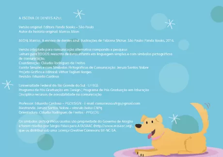 Capa do livro 'A Escova de Dentes Azul' com um cachorro brincando na água.