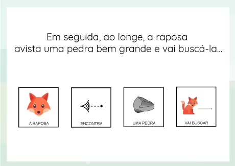 Ilustração de uma raposa que avista uma pedra grande e vai buscá-la, com ícones representando as ações.