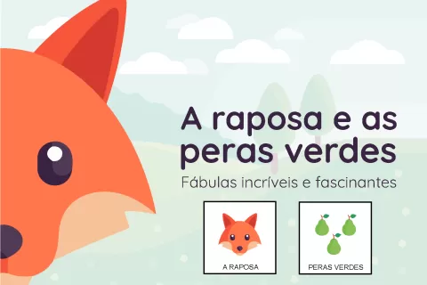 Ilustração de uma raposa ao lado de peras verdes, representando uma fábula.