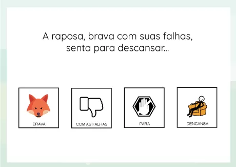 Ilustrações de uma raposa, um sinal de desaprovação, uma mão e uma pessoa descansando.