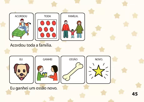 Ilustração de uma família acordando e um cachorro ganhando um osso novo.