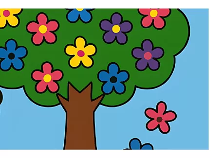 Uma árvore verde com flores coloridas em um fundo azul.