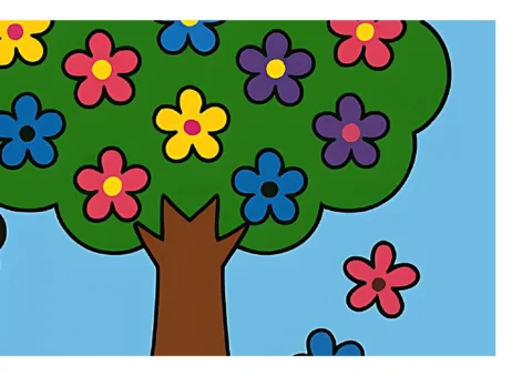 Uma árvore verde com flores coloridas em um fundo azul.