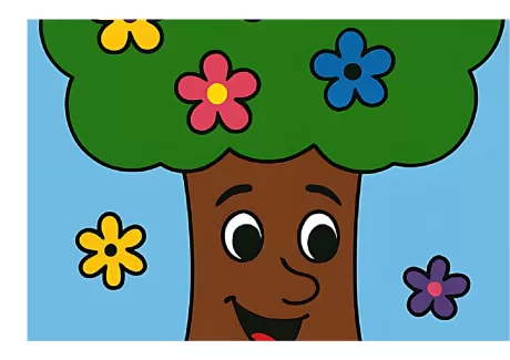 Uma árvore sorridente com folhas verdes e flores coloridas em um fundo azul.