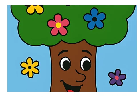 Uma árvore sorridente com folhas verdes e flores coloridas em um fundo azul.