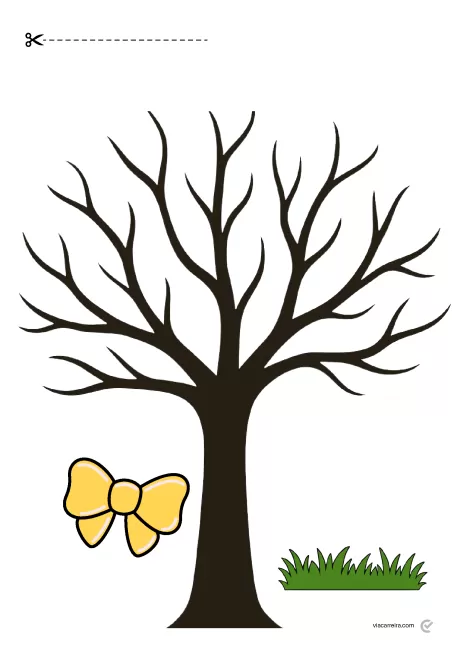 Desenho de uma árvore sem folhas com um laço amarelo e grama