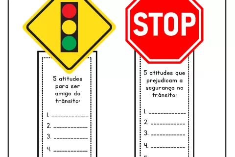 Sinal de trânsito com semáforo e placa de pare, com espaço para listar atitudes positivas e negativas no trânsito.