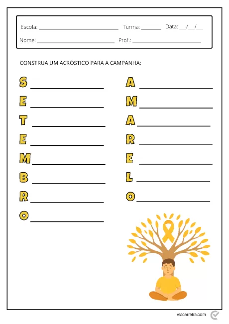 Folha de atividade escolar para construir um acróstico sobre a campanha Setembro Amarelo.