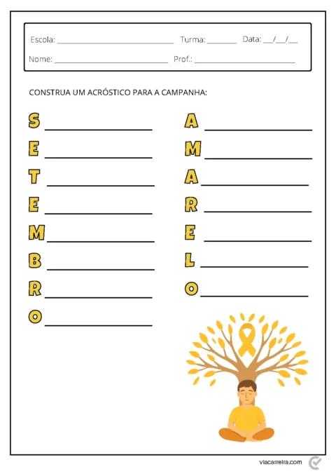 Folha de atividade escolar para construir um acróstico sobre a campanha Setembro Amarelo.
