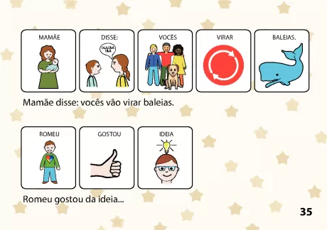 Ilustrações de crianças e baleias com texto explicativo.