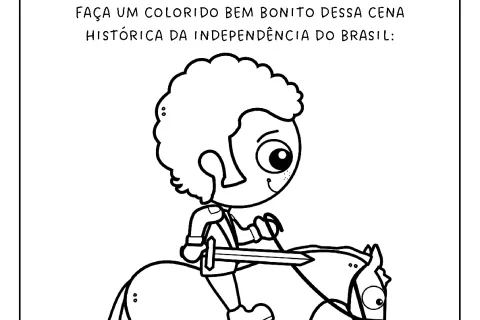 Desenho para colorir de uma cena histórica da Independência do Brasil, com uma criança montada em um cavalo.