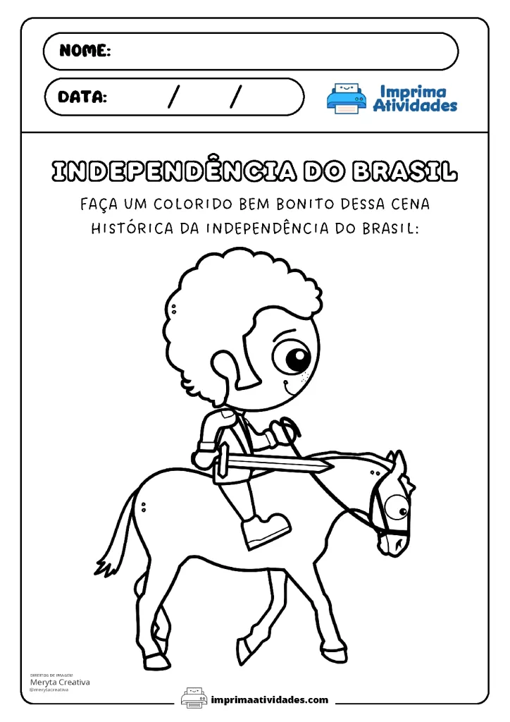 Desenho para colorir de uma cena histórica da Independência do Brasil, com uma criança montada em um cavalo.