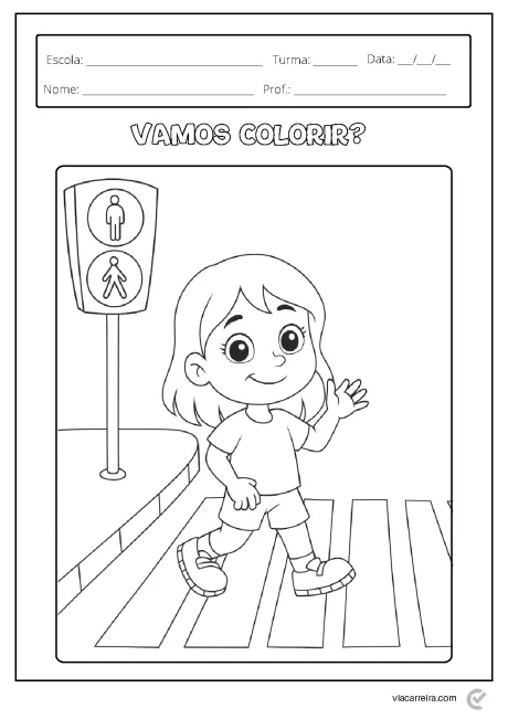 Desenho de uma criança atravessando a rua com um semáforo ao fundo.