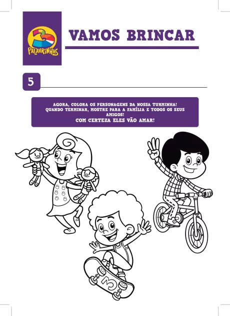 Ilustração de crianças brincando e colorindo personagens.