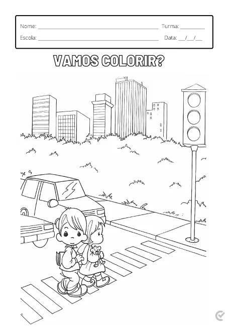 Desenho em preto e branco de duas crianças atravessando a rua com um semáforo e prédios ao fundo.