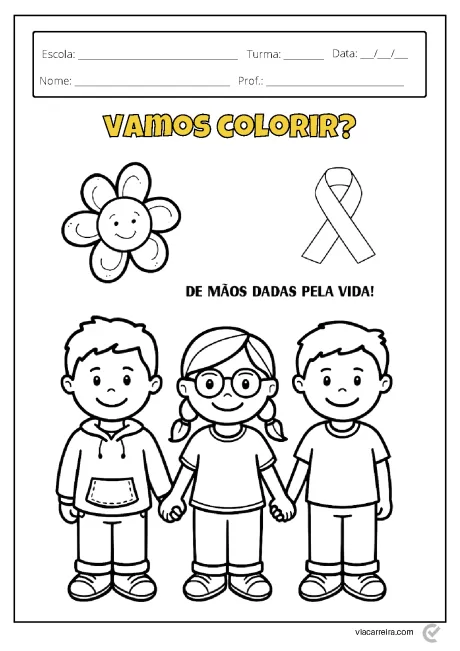 Desenho para colorir com crianças segurando as mãos, uma flor e um laço.