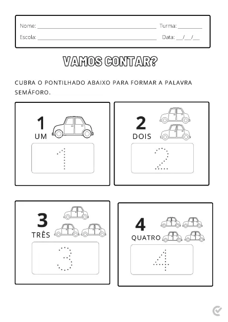 Atividade educacional com carros e números para crianças, ensinando a contar de um a quatro.