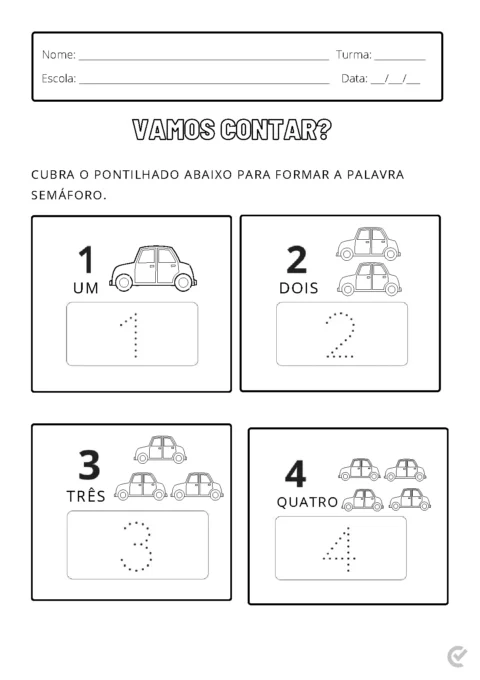 Atividade educacional com carros e números para crianças, ensinando a contar de um a quatro.