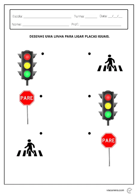 Desenho de uma atividade escolar sobre sinalização de trânsito com semáforos e placas de pare.