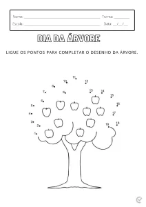 Desenho de uma árvore com maçãs, onde as crianças devem ligar os pontos numerados para completar a imagem.