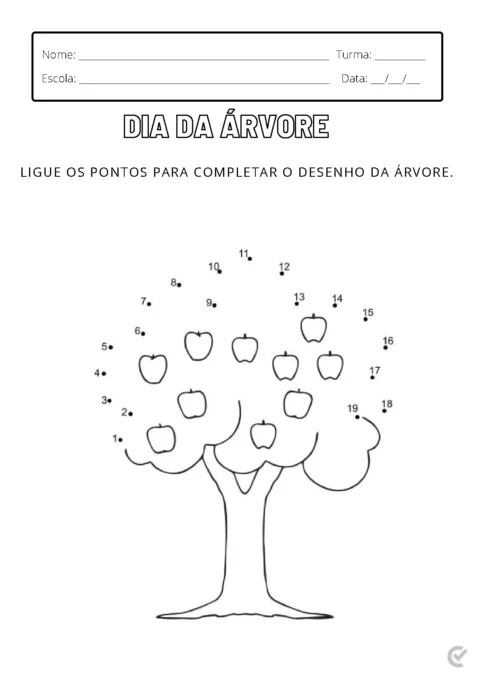Desenho de uma árvore com maçãs, onde as crianças devem ligar os pontos numerados para completar a imagem.