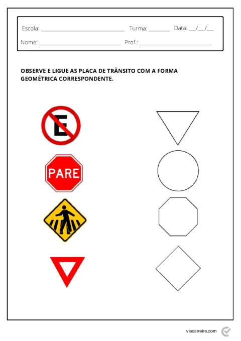 Atividade escolar com placas de trânsito e formas geométricas para ligar.