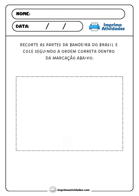 Atividade educativa para recortar e colar partes da bandeira do Brasil.