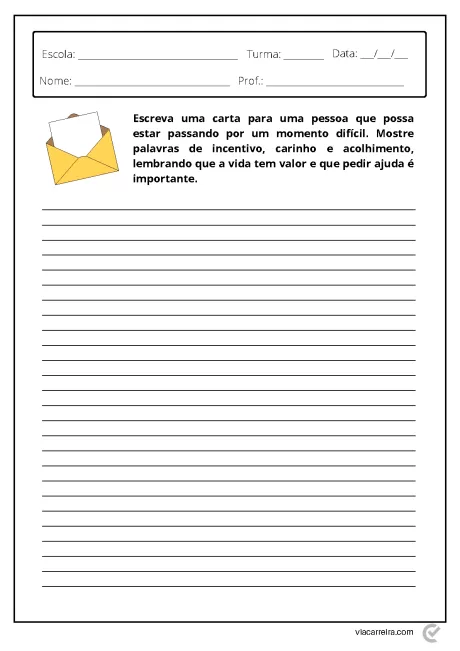 Modelo de folha para escrever uma carta de apoio a alguém em momento difícil, com um envelope ilustrado.