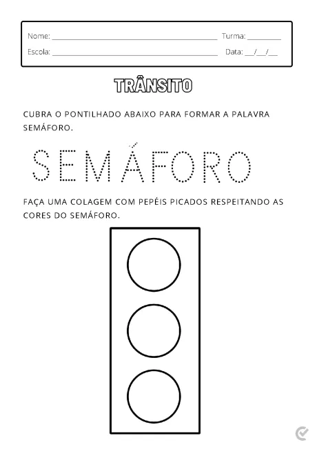 Atividade educacional sobre semáforo com instruções para colagem.