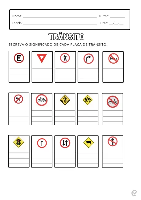 Folha de atividade escolar sobre placas de trânsito, com espaços para escrever o significado de cada placa.