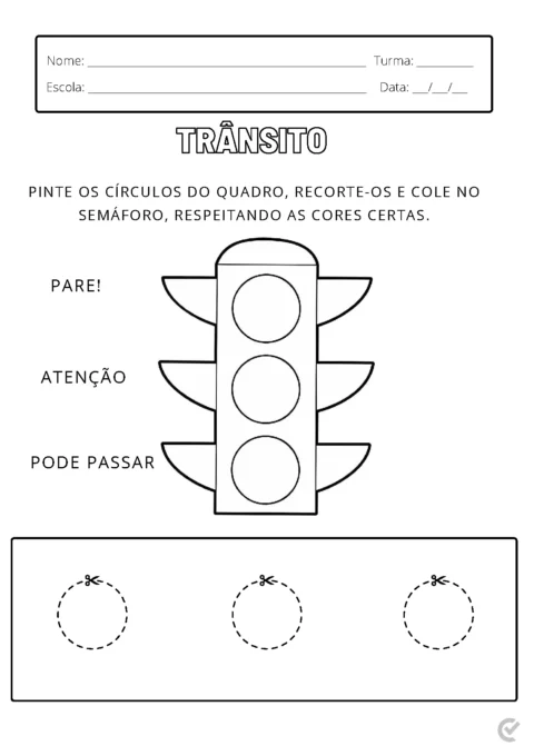 Atividade educativa sobre trânsito com semáforo e círculos para recorte.