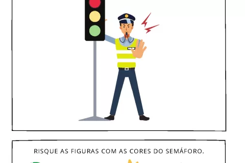 Desenho de um policial sinalizando com um semáforo e figuras para colorir.