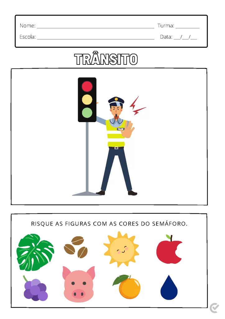 Desenho de um policial sinalizando com um semáforo e figuras para colorir.