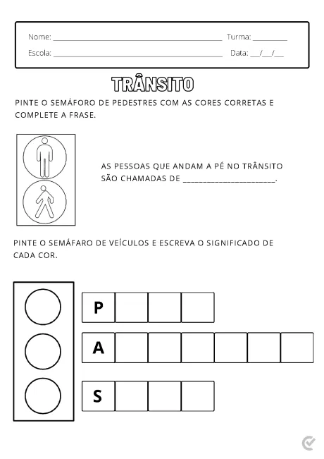 Atividade educativa sobre trânsito com semáforos e figuras de pedestres e veículos.