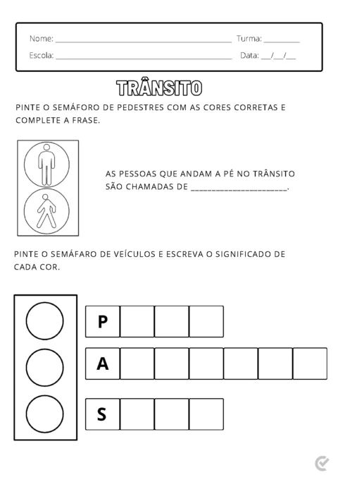 Atividade educativa sobre trânsito com semáforos e figuras de pedestres e veículos.