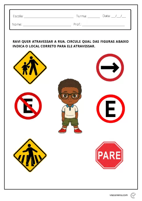 Desenho de uma criança chamada Ravi com sinais de trânsito ao redor.