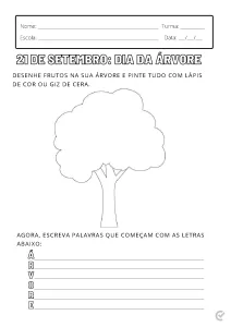 Desenho de uma árvore com espaço para desenhar frutos e escrever palavras que começam com as letras A, R, V, O, R, E.