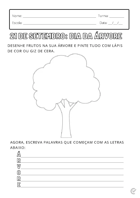 Desenho de uma árvore com espaço para desenhar frutos e escrever palavras que começam com as letras A, R, V, O, R, E.
