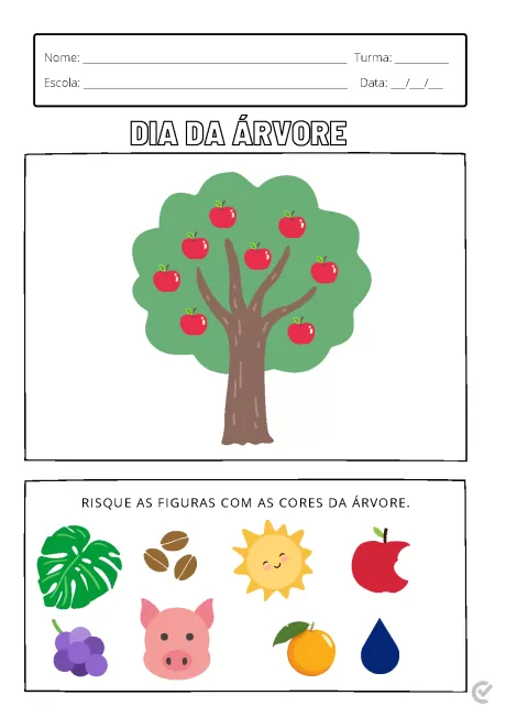 Desenho de uma árvore com maçãs e figuras para colorir relacionadas ao Dia da Árvore.