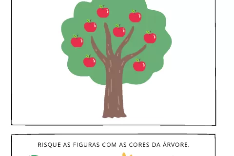 Desenho de uma árvore com maçãs e figuras para colorir relacionadas ao Dia da Árvore.