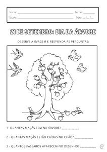 Desenho de uma árvore com maçãs e pássaros, com espaço para responder perguntas sobre a imagem.