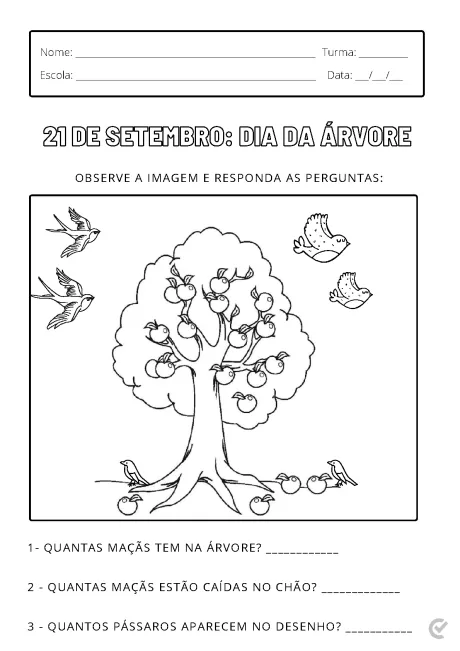 Desenho de uma árvore com maçãs e pássaros, com espaço para responder perguntas sobre a imagem.