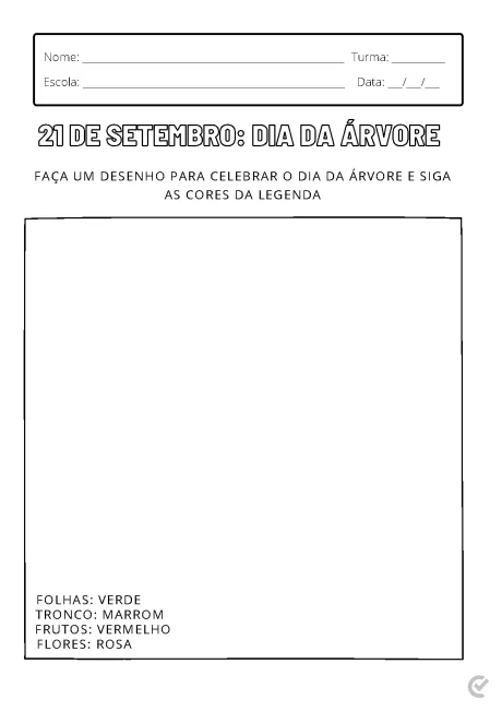 Atividade para o Dia da Árvore com espaço para desenho e legenda de cores.