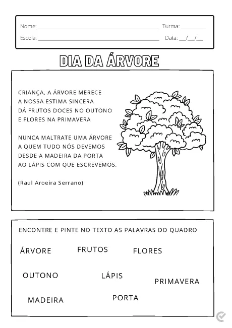 Atividade de colorir e aprender sobre o Dia da Árvore, com um texto e uma árvore desenhada.