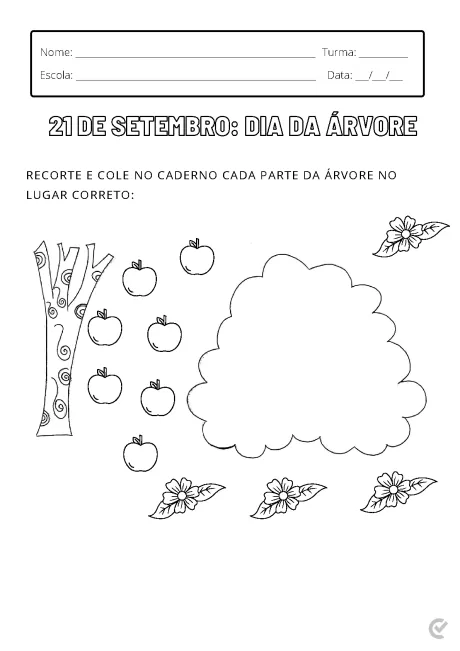 Atividade de recorte e colagem sobre o Dia da Árvore, com árvores, maçãs e flores.