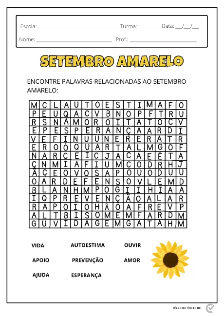 Caça-palavras sobre o Setembro Amarelo com palavras relacionadas à prevenção do suicídio.